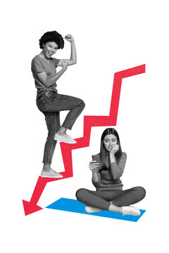 Vertical photo collage of jealousy american girl freelancer colleague fail woman hold phone arrow decline isolated on painted background