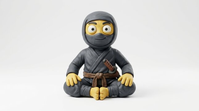 Cute Claymation Ninja Figurine Sitting in Meditation Pose, 3D Rendered Cartoon Character on White Background
