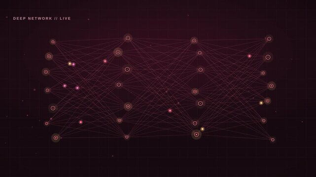 4K rose AI neural network with glowing nodes and traveling pulses, dark futuristic tech motion background