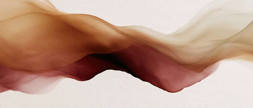Flowing abstract wave of translucent ink on beige paper. Terracotta and burgundy ribbon background for header banner