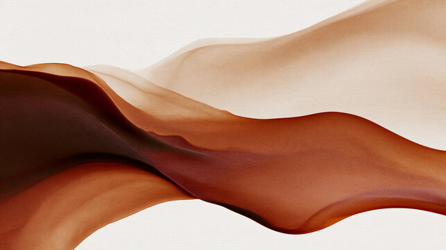 Layered brown and terracotta ink wave on paper background. Flowing abstract ribbon shape