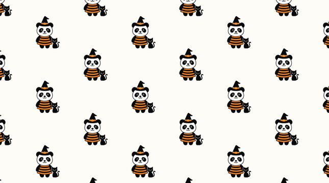 Seamless pattern featuring cute panda wearing halloween witch costume holding a bucket.