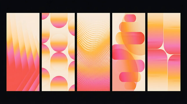 Set of five vertical abstract backgrounds with vibrant pink and orange gradient colors and geometric circle patterns