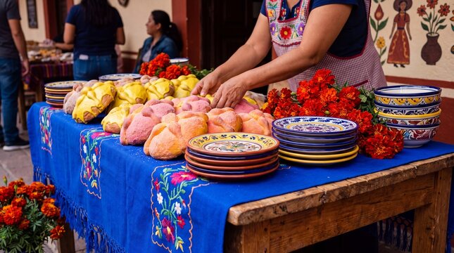cultural bakery elements, vibrant da de los muertos bakery display with colorful bread and ceramics