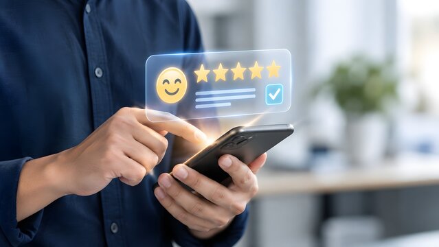 A person is using a smartphone to view a holographic display showing a five star rating and a smiling face icon indicating