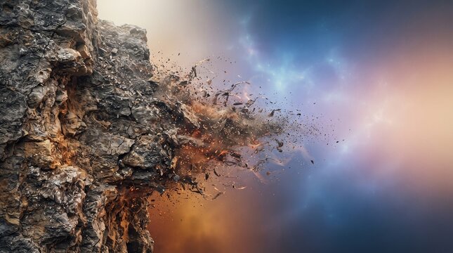 Explosive rocky cliff in space with dark blue and orange nebula clouds, suitable for scifi book covers or digital art.