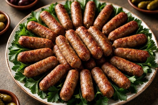 Traditional Egyptian mombar dish served on plate with fresh parsley. Crispy beef sausage stuffed with rice, minced meat. Arabic cuisine appetizer with spicy oriental flavors. Delicious fried meat