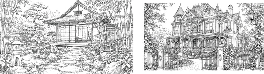 Fototapeta premium Detailed architectural sketches depict a japanese house and victorian mansion