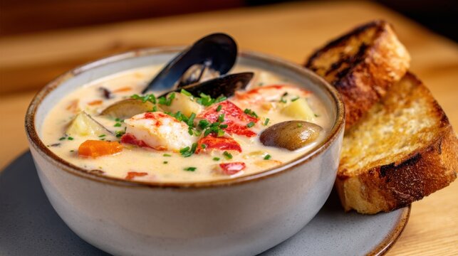 A delicious seafood chowder served in a bowl with crusty toasted bread beside it
