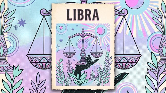 Vintage risograph print of Libra zodiac sign with sacred scales, soft pastel purple, pink, and auspicious air colors