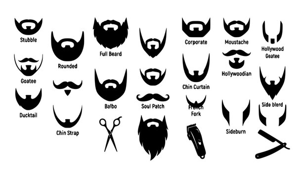 Modern black beard and facial hair barber icons monochrome vector collection