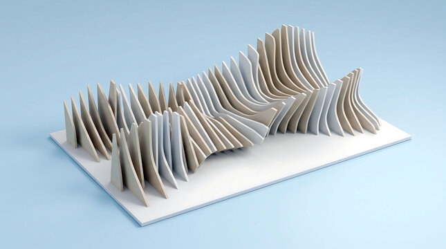 Abstract 3D sculpture with repeating vertical white and beige fins arranged in a rhythmic, undulating wave pattern on a flat rectangular base