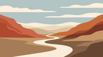Fototapeta premium Desert Valley Landscape Background with Winding Road and Mountains