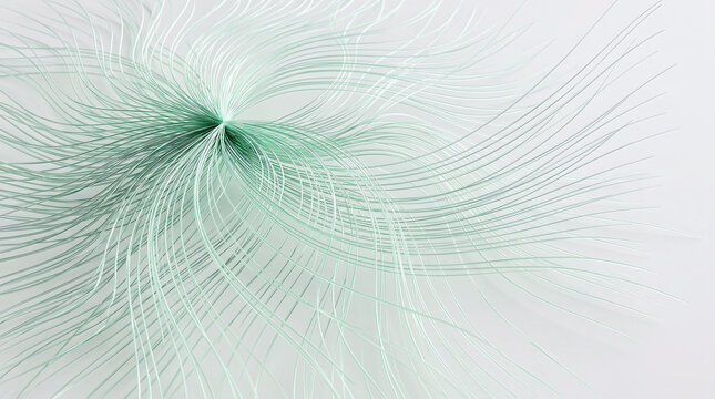 Abstract composition of flowing mint green lines radiating from a central point against a clean, white background