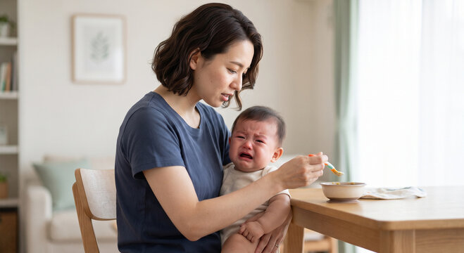 Mother trying to feed a crying baby with a spoon