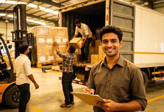 Smiling Indian logistics supervisor holding clipboard by delivery truck as team loads cargo in busy sunlit warehouse