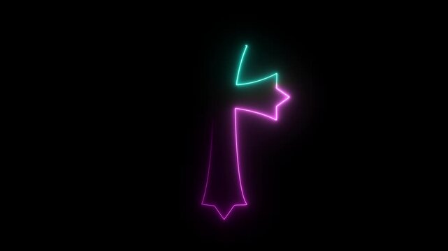 Neon outline of a maple leaf shape in magenta and cyan on a black background