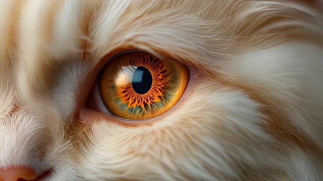 Extreme macro photorealistic footage of a cute Persian cat's eye, vivid copper-orange iris

