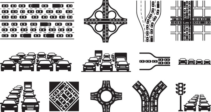 Traffic jam highway and intersection silhouette vector icons set isolated on solid white background
