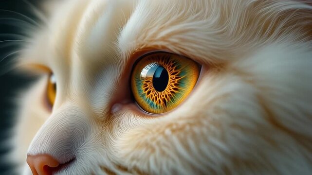 Extreme macro photorealistic footage of a cute Persian cat's eye, brilliant golden-amber iris
