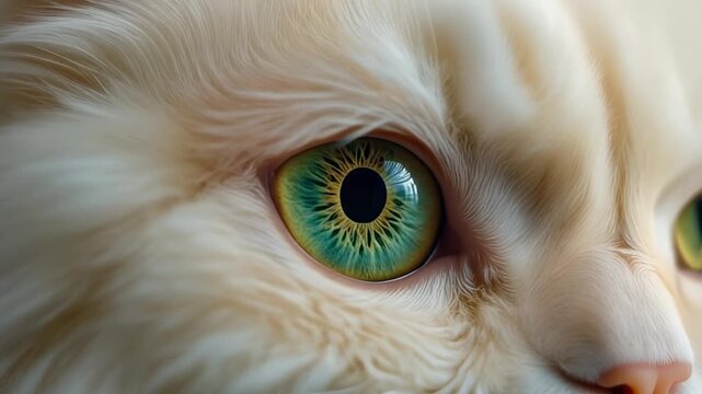 Extreme macro photorealistic footage of a cute Persian cat's eye, luminous emerald-green iris
