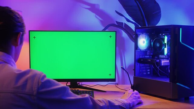 Computer with chroma key green screen on monitor. Gamer man playing in popular video games. Programmer or hacker coding a code and working in networks, cyberspace. Digital software, mobile app