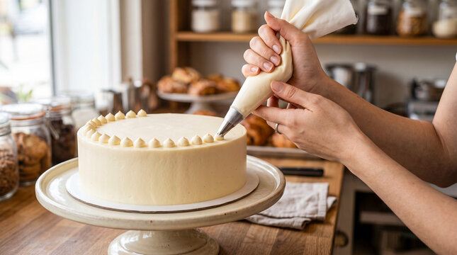 Professional baker decorating a round white cake with a piping bag in a bakery kitchen.
