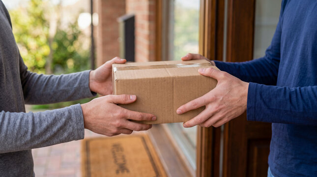 Delivery person handing over a cardboard package to a customer at the front door.