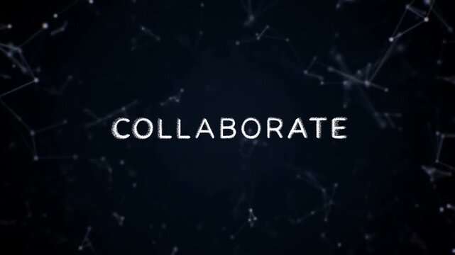 Slow motion particles forming collaborate text in dark abstract digital network background with particles coalescing into readable typography across center field