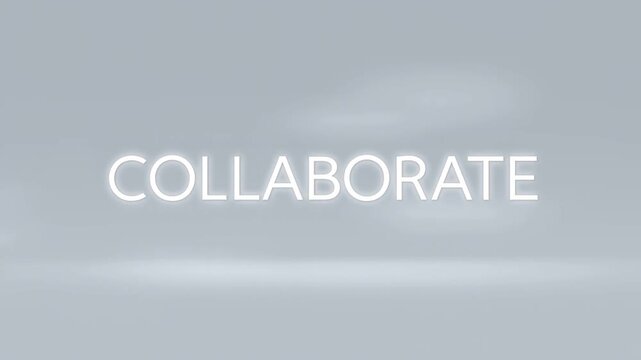 Slow motion static shot of glowing text collaborate drifting toward center on soft gray gradient background with subtle light haze and horizontal slide