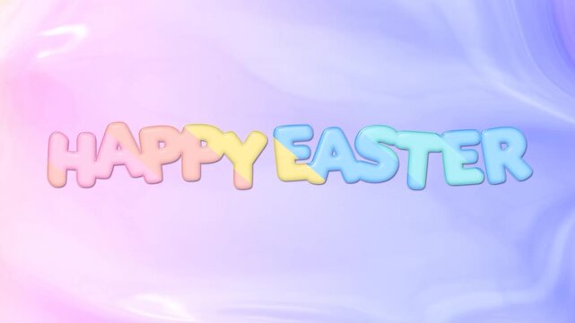 Tracking shot revealing happy easter text forming with colorful paint splashes across pastel marble background in slow playful motion
