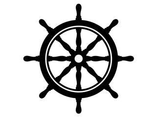 Black silhouette of a traditional wooden ship steering wheel on a white background, helm nautical © Sefat
