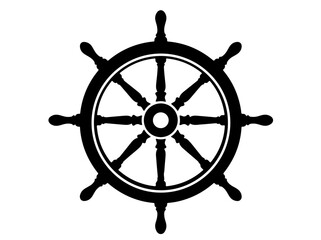 Black silhouette of a traditional wooden ship steering wheel on a white background, nautical maritime © Sefat