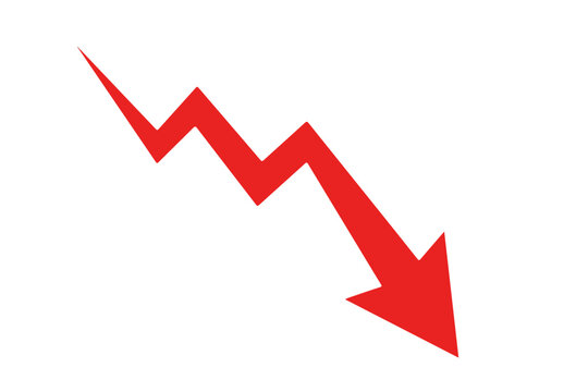 A red jagged line graph pointing downwards with an arrow at the end, representing a decline, loss, or negative trend on a white background