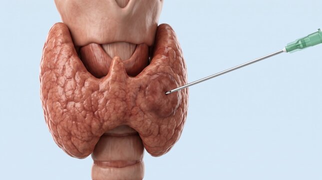 Thyroid fine-needle biopsy shown in premium clinical CGI with accurate sampling of focal nodule on a clean endocrine intervention mechanics background.