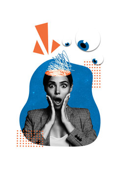 Photo poster 3d image collage banner of scared girl open mouth cut head caricature eyeball stare control spy observer supervision