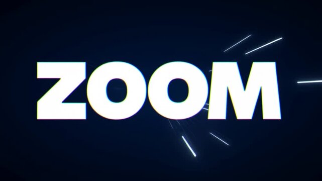 Tracking shot of bold zoom logo rapidly expanding toward viewer with streaking light trails on dark studio background
