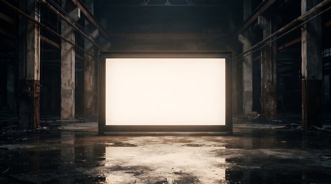 A large, glowing rectangular billboard stands in the center of a dark, abandoned industrial warehouse with a wet, reflective concrete floor and weathered structural columns