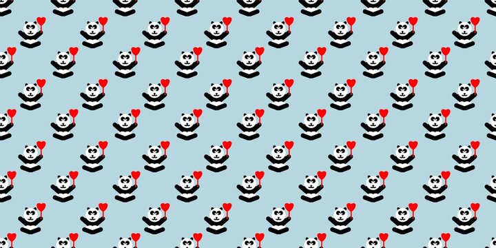 Cute seamless pattern of cute pandas holding red heart balloons on a light blue background Ideal for Valentine's Day