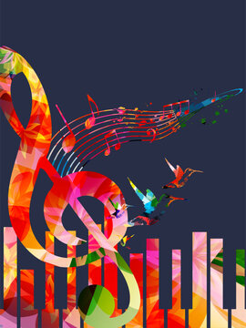 Music promotional poster with multicolored piano keyboard vector illustration. Colorful music background with piano keys for live concert events, music festivals and shows, party flyer
