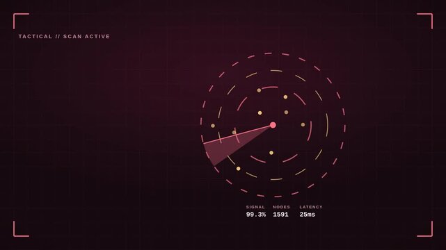 4K rose tactical HUD with glowing radar sweep and data panels, dark futuristic interface motion background