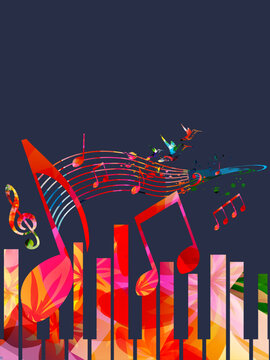 Music promotional poster with multicolored piano keyboard vector illustration. Colorful music background with piano keys for live concert events, music festivals and shows, party flyer