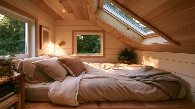 Tiny House Loft Bed Glowing Softly Beneath A Skylight Window