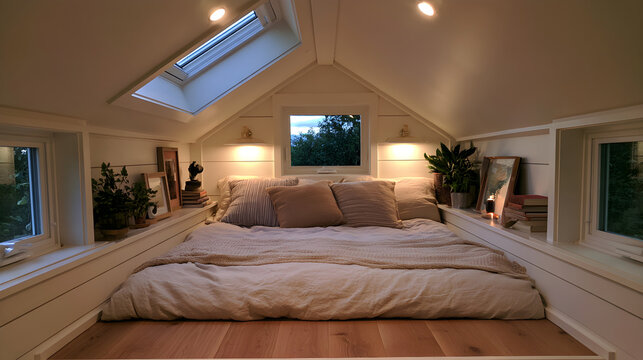 Tiny House Loft Bed Glowing Softly Beneath A Skylight Window