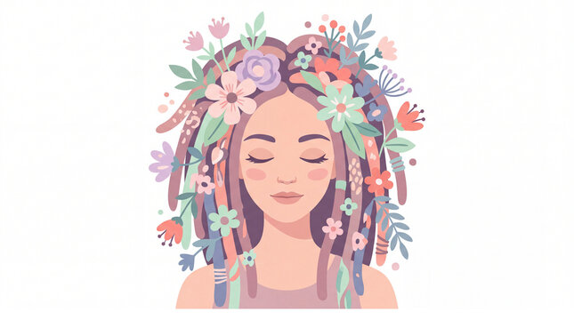Serene woman with flowers in her dreadlocks vector