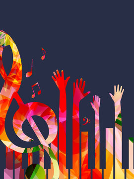Music promotional poster with multicolored piano keyboard vector illustration. Colorful music background with piano keys for live concert events, music festivals and shows, party flyer