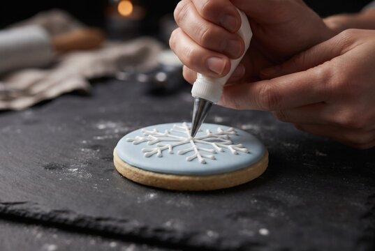 Piping a white snowflake on a blue iced christmas cookie