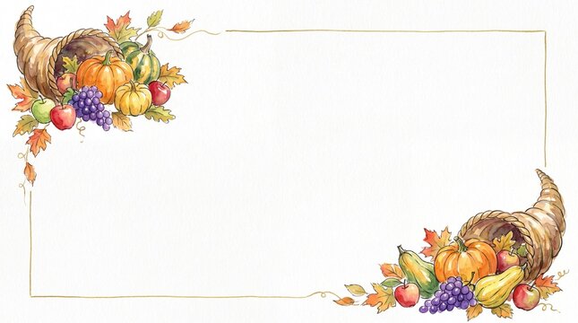 Watercolor autumn harvest cornucopia frame on white background with copy space