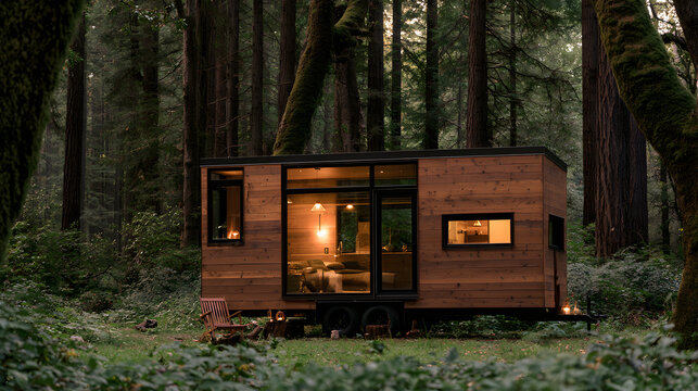 Tiny House Wheels Glowing Softly Parked In A Scenic Forest Clearing