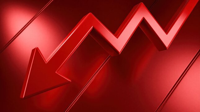 Glossy red arrow points down on dark background. Large 3D symbol shows sharp decline in stock market business profit. Economic crisis, recession, financial loss concept with falling trend line.